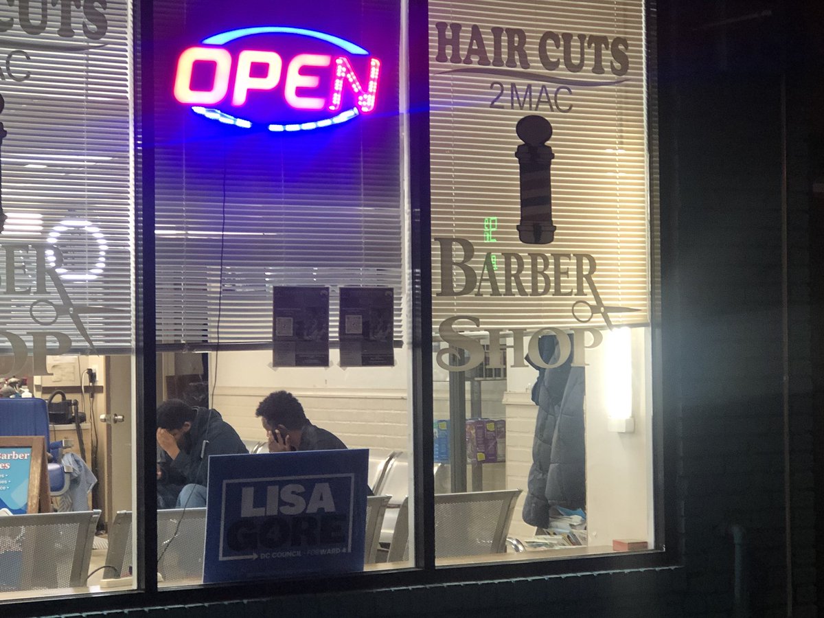 GoreforDC's tweet photo. Georgia Ave Two Mac crew! Thanks for keeping my sonโs hair sharp and taking a sign! The reframe is the same - the Councilmember is absent! Letโs move #Ward4Forward https://t.co/xt4UIaGsJA