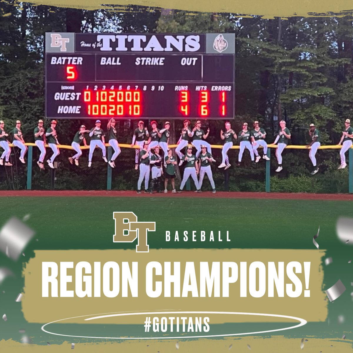 Baseball defeats Pope 4-3 to bring home another Region Championship! Well done! #GoTitans