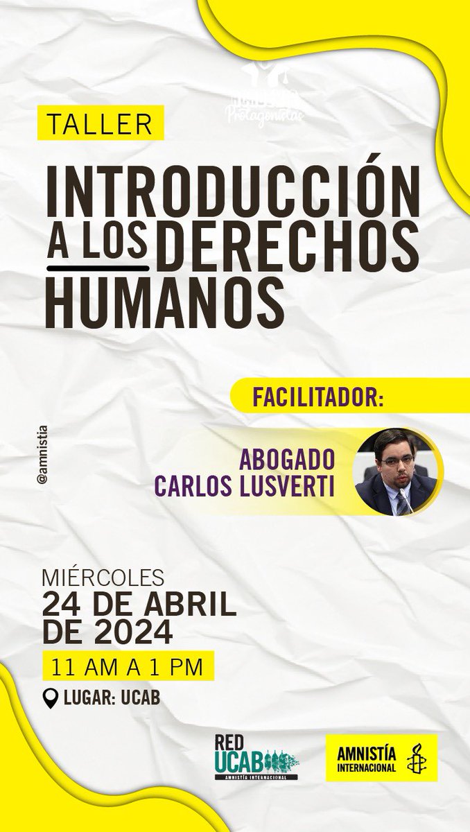 amnistia_ucab's tweet photo. Taller de "Introducción a los Derechos Humanos" 📚🕯️

Estaremos aprendiendo de la mano con nuestro facilitador, el abogado y profesor Carlos Lusverti y podrás obtener un certificado avalado por Amnistía Internacional Venezuela.

 https://t.co/wMZwHLRWrf ✨

¡Les esperamos! https://t.co/YEs67VEB7k