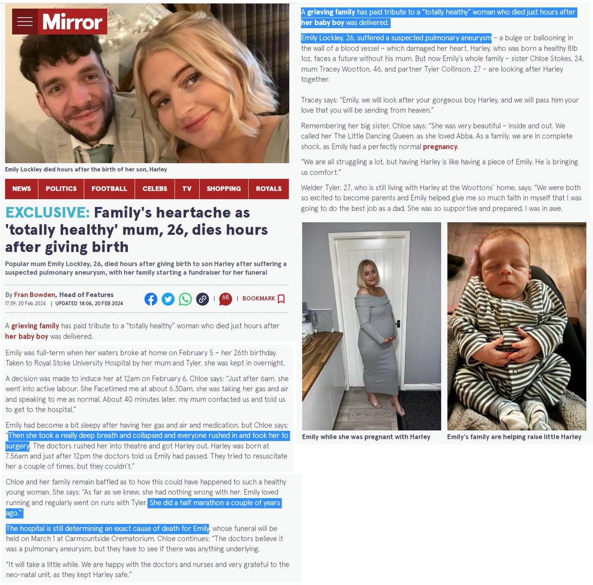 UK - 26 year old Emily Lockley @emily_lockley died suddenly hours after giving birth to her son, after suffering a suspected pulmonary aneurysm.

This is extremely rare. 

COVID-19 mRNA Vaccines damage blood vessels all over the body and cause aneurysms. That results in aneurysms