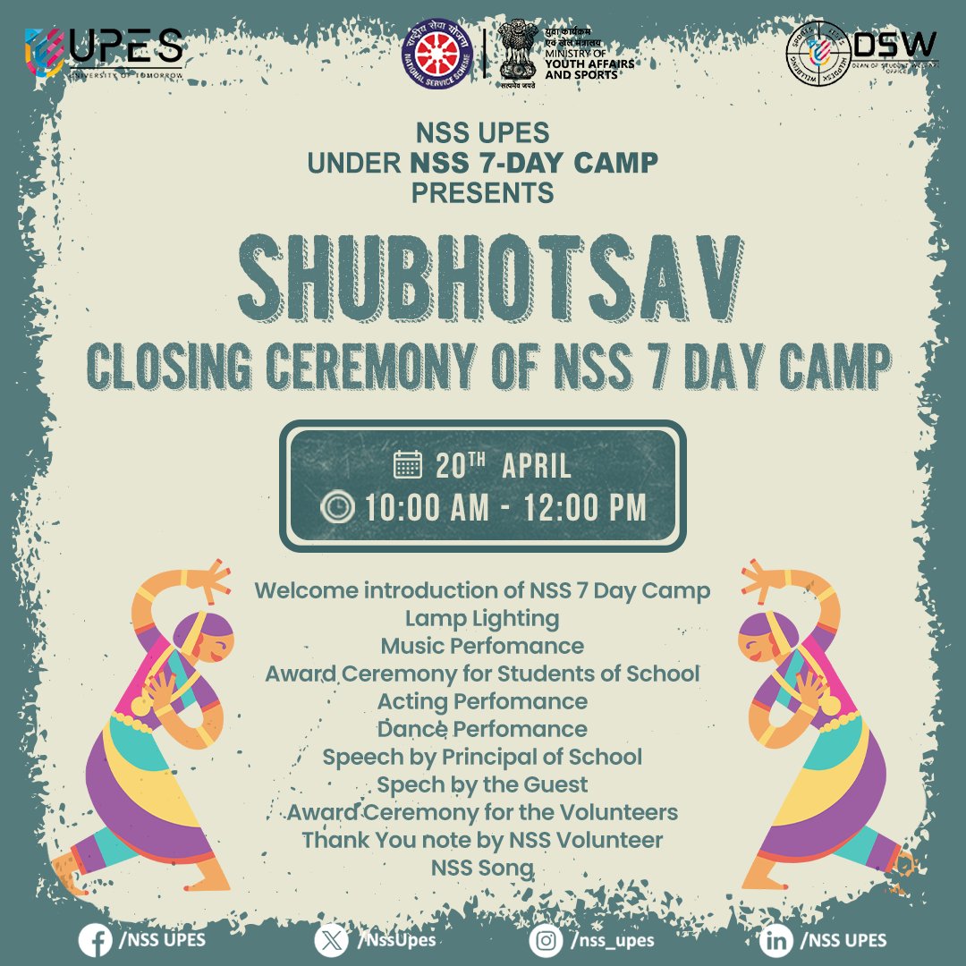 NssUpes's tweet photo. " Join us for 'Shubhotsav' - the grand finale of NSS UPES Camp 2024!"

As we bid farewell to an unforgettable journey, immerse yourself in magic of closing ceremony. From welcome of esteemed guests to mesmerizing music, dance performances, culminating in heartfelt speeches awards https://t.co/NG4M2ilGp0