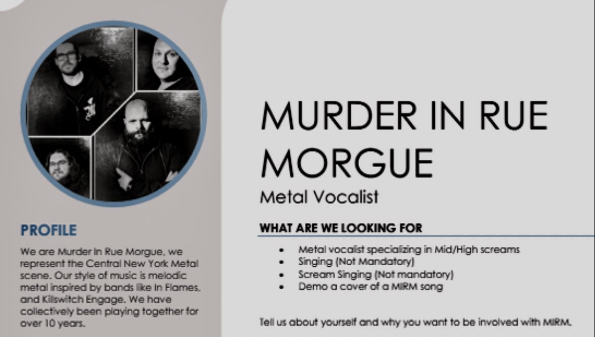 We have officially commenced the search for a new vocalist. If interested, or if you have any questions please reach out.