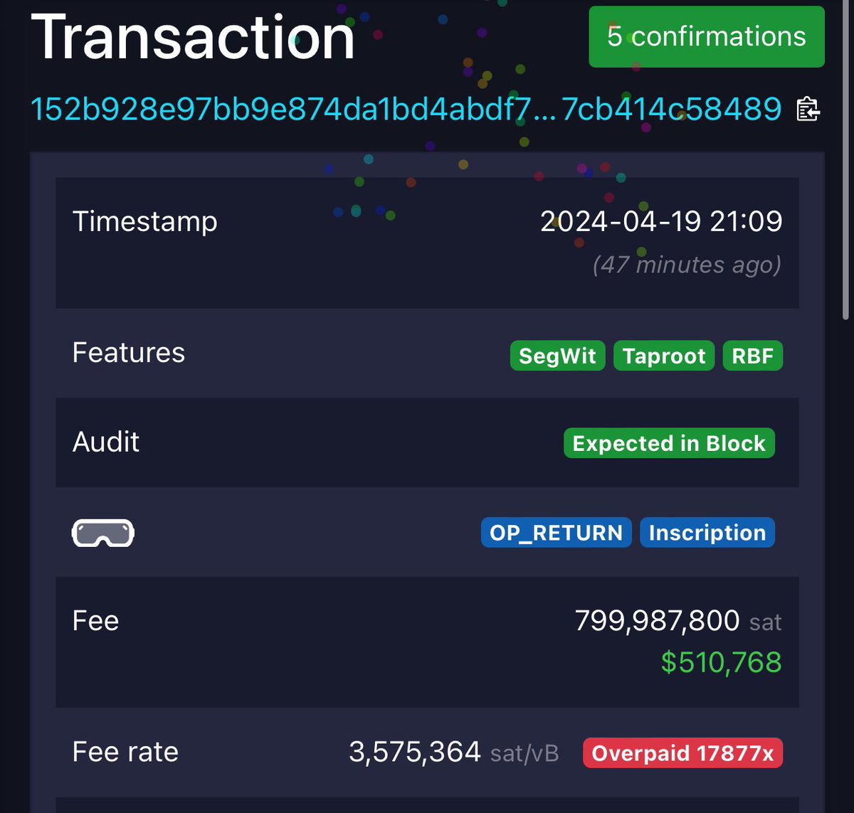 Someone spent over $510k in fees on this one #Bitcoin transaction.