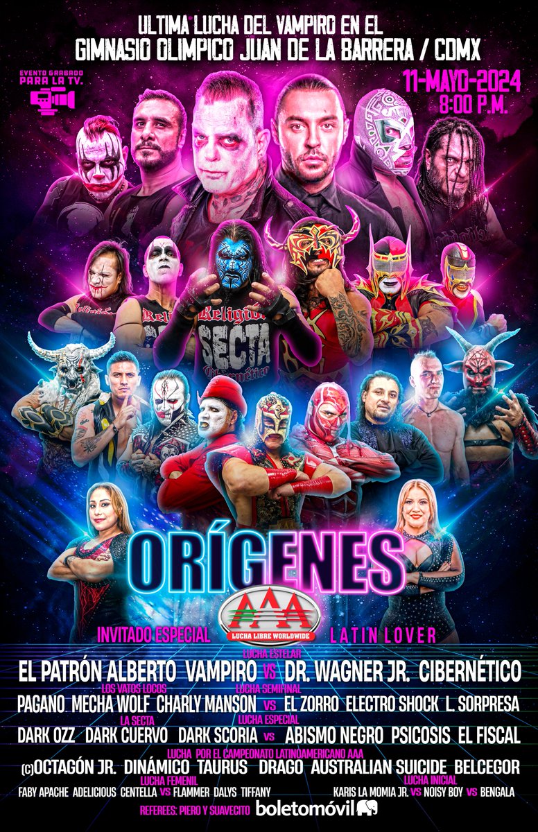 CARTEL COMPLETO del siguiente evento de la gira #OrígenesAAA @luchalibreaaa en Ciudad de México: 11 de mayo, la Última Lucha de @vampiro_vampiro en el Gimnasio Olímpico Juan de la Barrera Invitado especial: @Victorlatin77 Boletos ya a la venta en @boletomovil