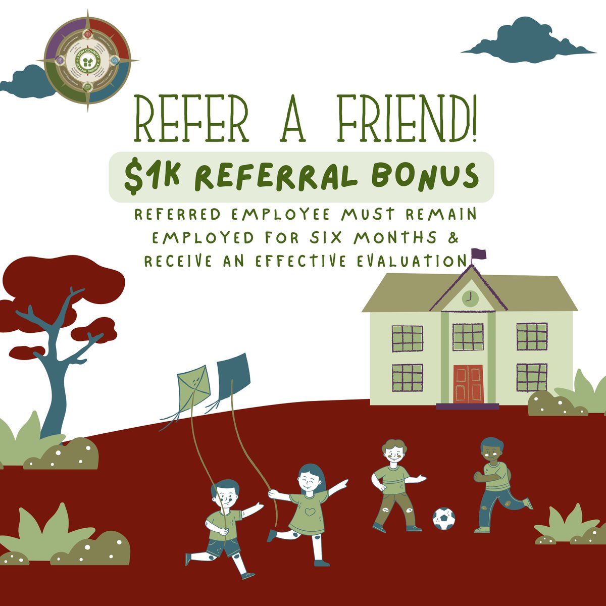 💰💼 Refer someone to Lyon County School District and score a $1K bonus! *Referred employee must stay 6 months with a good eval. Spread the word and earn! 🌟 #ReferAFriend #Bonus