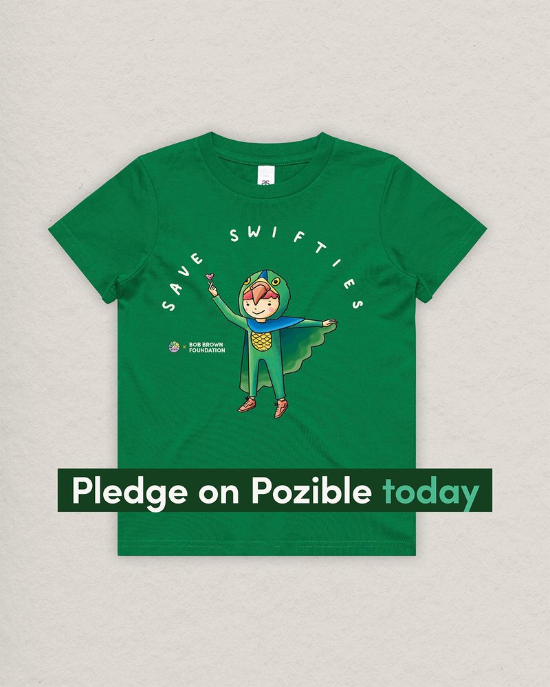 🦜 Take action to save critical endangered #SwiftParrots by pledging towards our urgent crowdfunder to #EndNativeForestLogging. There are great rewards on offer when you make a pledge, like this kids / youth t-shirt designed by artist Ghostpatrol.  ➡️ ow.ly/GB3250RjvcW