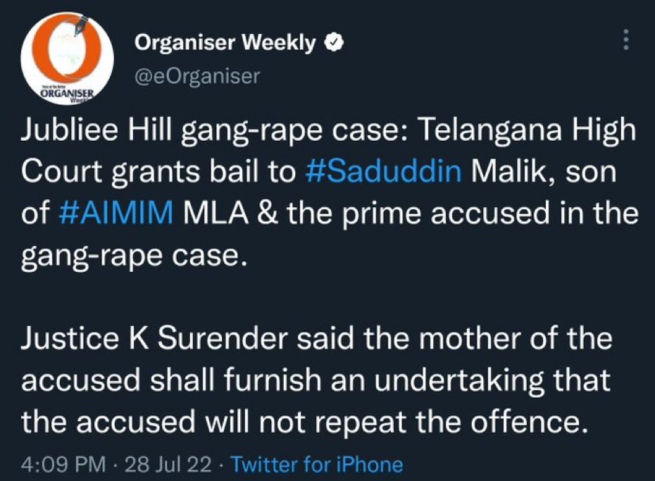 saket71's tweet photo. As Hyderabad is going to polls, and @Kompella_MLatha is up against Owaisi, sharing this Gem of #judiciary here because public memory is short. The case where son of AIMIM leader was caught in the rape case of a minor, through CCTV footage. https://t.co/xJRbs3NbdW