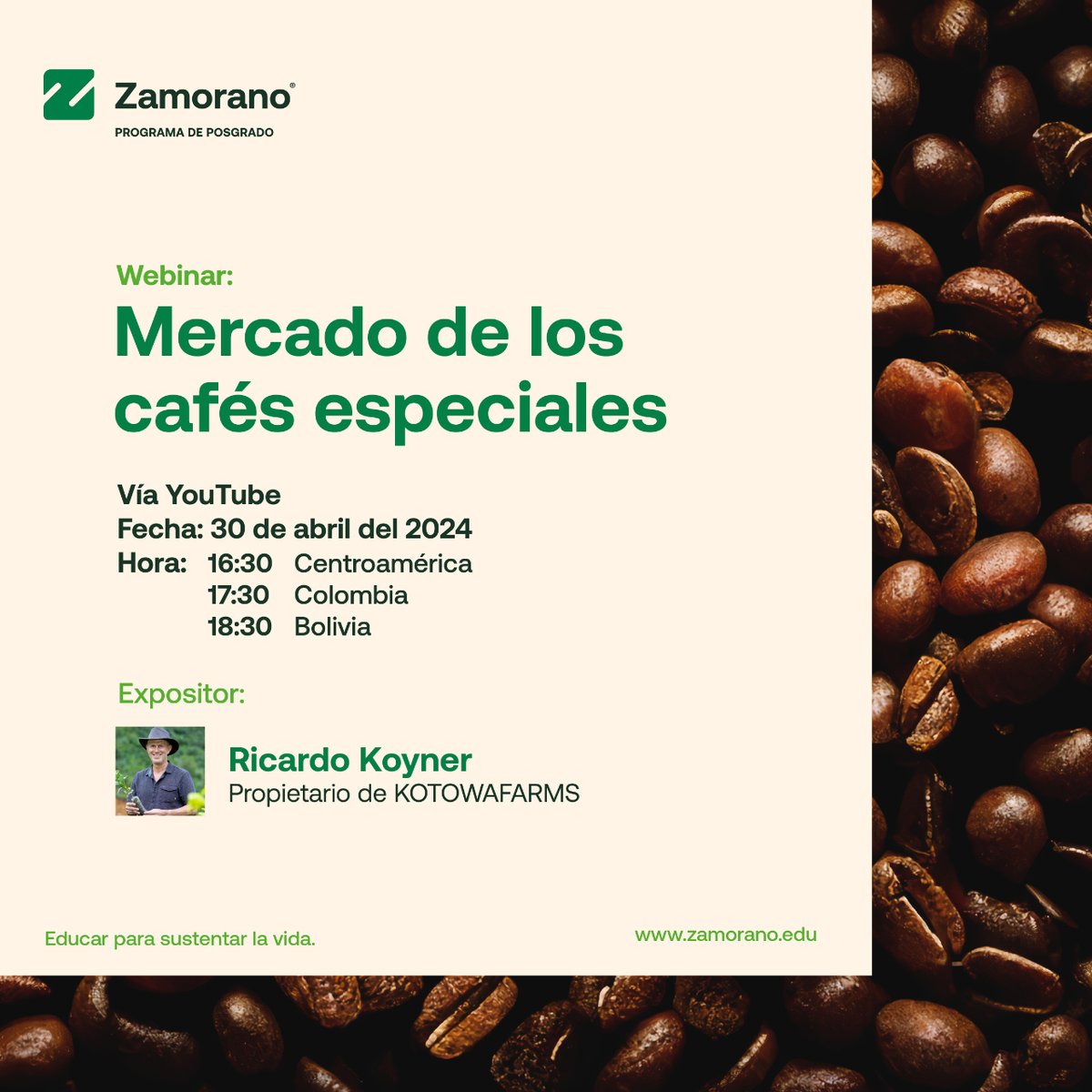 📢 ¡Alerta, baristas y aficionados! Descubre las tendencias en cafés especiales en nuestro próximo webinar con Ricardo Koyner. ¡No te lo puedes perder! 👉 lc.cx/GOLYtg #zamorano #webinar #mercadodelcafé #aprendeconzamorano #aprendizaje