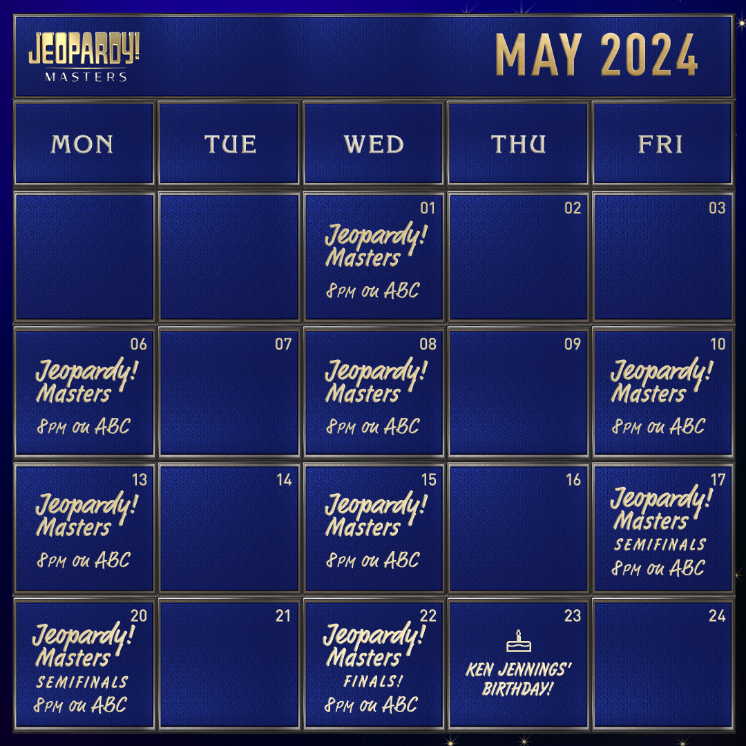 Make sure to mark your calendars! The #JeopardyMasters schedule is here. #Jeopardy!