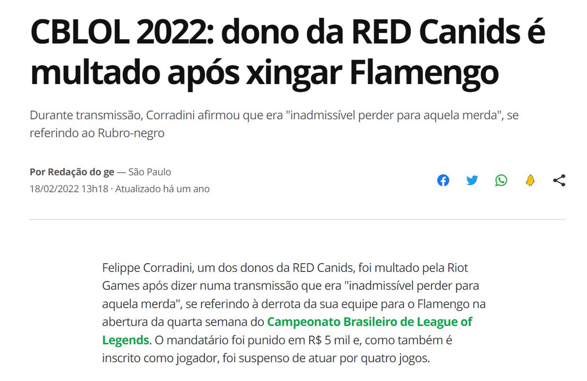 Corradini comentou sobre a multa que o Vex tomou: 'Se fosse eu era - 50K e um ano fora do competitivo (...) Eu falei uma palavra e tomei -5k' kkkkk Dito isso, Bruno Henrique no Fla Esports