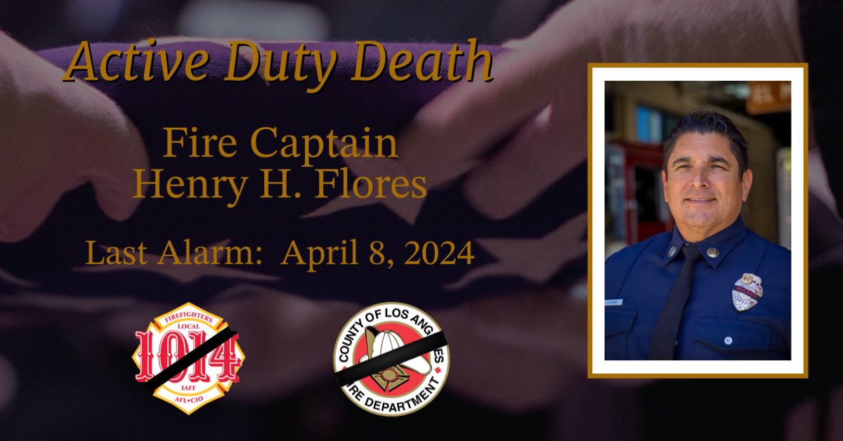 It is with a heavy heart the #LACoFD share the active duty passing of Fire Captain Henry H. Flores on 4/8/24. Captain Flores was assigned to FS 169 in the City of El Monte and faithfully served our Department, residents, and communities for 23 years.   RIP Captain Flores 🙏🏼💔🕊