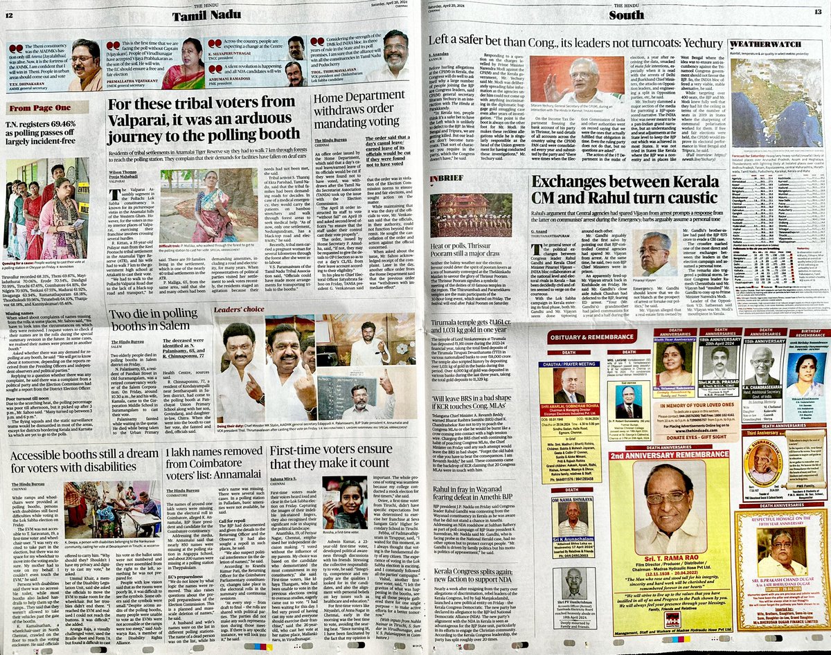 Check out our extensive coverage of the first day of voting in #Election2024 - clever cartoons, detailed stories and photos that capture the mood on the ground - all exclusive @the_hindu