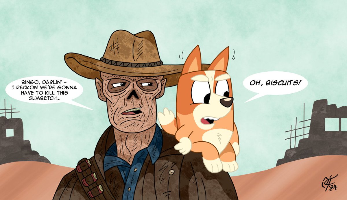 Just had to give that one 'Steven Universe' meme a shot with two recent fave characters of mine 🤠☢️💀🐾🧡😅 #artmeme #comfortcharactermeme #fanart #killthisguysteven #styleexperiment #BingoHeeler #Bluey #TheGhoul #CooperHoward #FalloutOnPrime