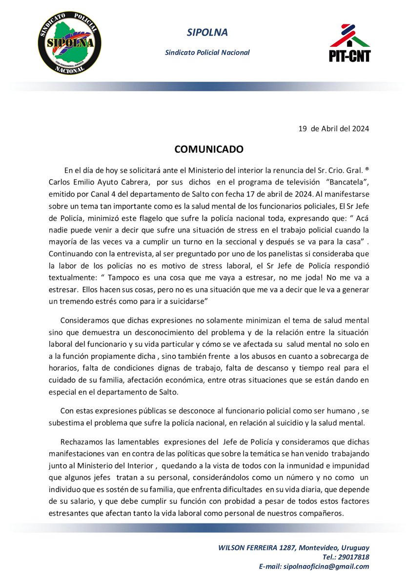SIPOLNA's tweet photo. DECLARACIÓN PÚBLICA 🚨
No más abusos de los mandos y violación de los derechos laborales en nuestra Policía Nacional.
@Ni_Martinelli @LuisLacallePou @pabloabdala66 @Subrayado @canal10uruguay @ladiaria @Canal4_UY
@teledoce
.
.
.
.
.
 #sipolna #salto #sindicato #pitcnt #ministerio https://t.co/uPMcATlgY5