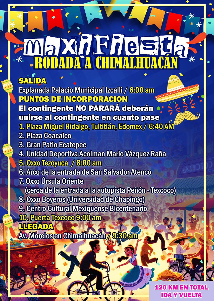 Tenemos todo listo para la fiesta por el #DiaMundialDeLaBicicleta (no oficial) en Chimalhuacán. Unimos banda CDMX y Edomex 🤝. Habrá muchas actividades y hasta bodorrios de kermés. ¿Dispuestes a unir sus bicis por la eternidad? Ahí les vemos La fiesta acá: maps.app.goo.gl/8sz7qRJ2P1v5VD…
