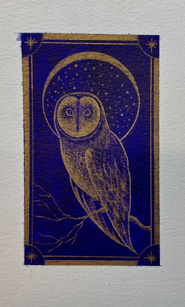 Working on the back of a tarot card commission. Drawing this small might be one of the challenging things I’ve done. Gold pencil over acrylic on watercolor paper. 2.75”x4.75”.