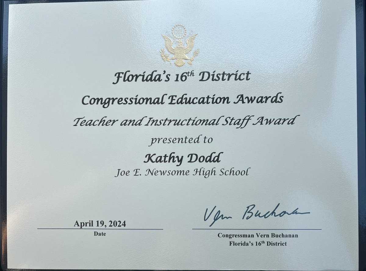We extend our heartfelt congratulations to our Newsome Educators, Donna Hart and Kathy Dodd for being selected as Congressional Educators of the Year by Congressman Vern Buchanan!Their exceptional accomplishments are truly deserving of this prestigious recognition.#WeAreNewsome!