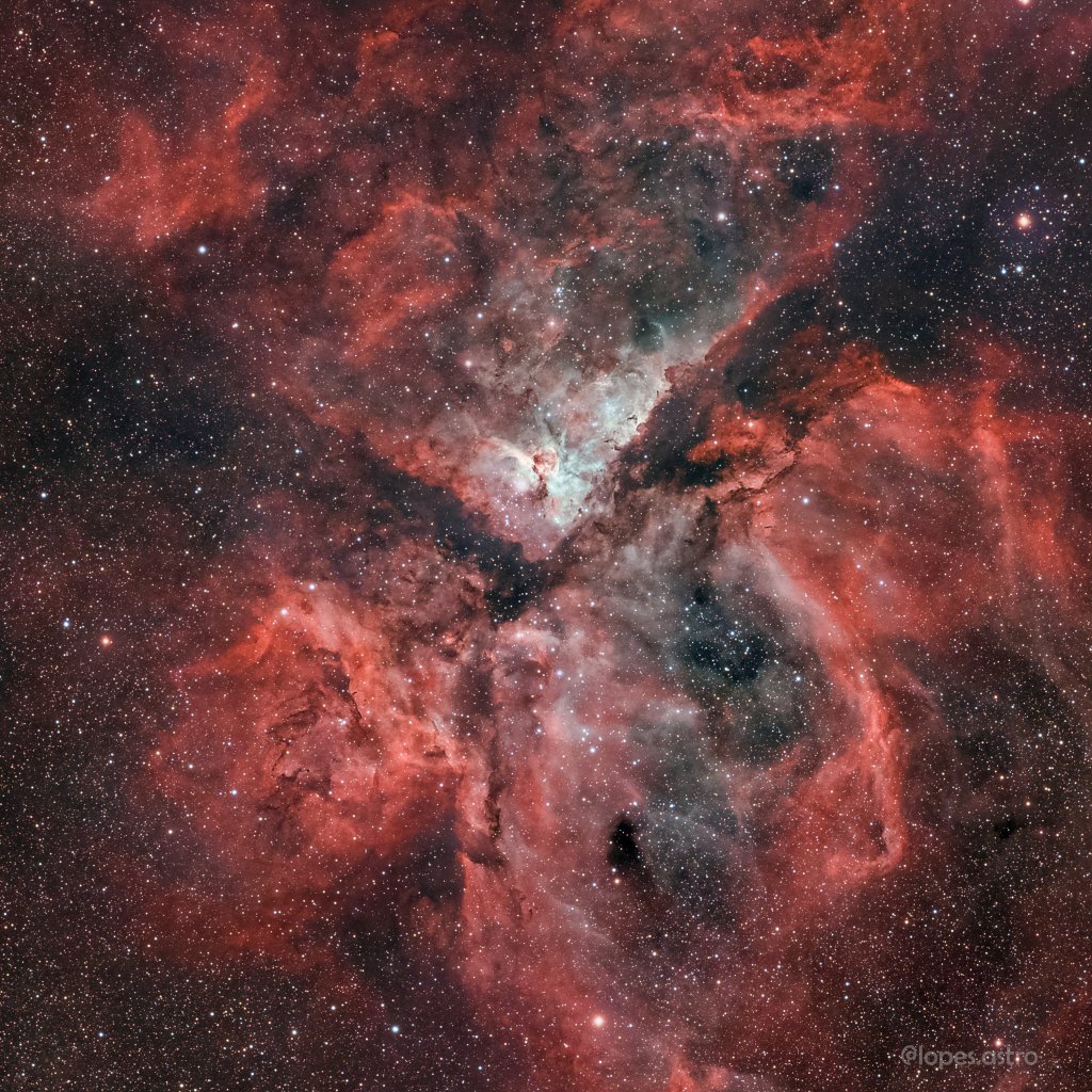 apod's tweet photo. A jewel of the southern sky, the Great Carina Nebula is more modestly known as NGC 3372. One of our Galaxy's largest star forming regions, it spans over 300 light-years. Like the smaller, more northerly Great Orion Nebula, the Carina Nebula is easily visible to the unaided eye. But at a distance of 7,500 light-years it lies some 5 times farther away. This stunning telescopic view reveals remarkable details of the region's glowing filaments of interstellar gas and obscuring cosmic dust clouds. The Carina Nebula is home to young, extremely massive stars, including the still enigmatic variable Eta Carinae, a star with well over 100 times the mass of the Sun. Eta Carinae is the bright star above the central dark notch in this field and left of the dusty Keyhole Nebula (NGC 3324).

Image Credit & Copyright: Demison Lopes