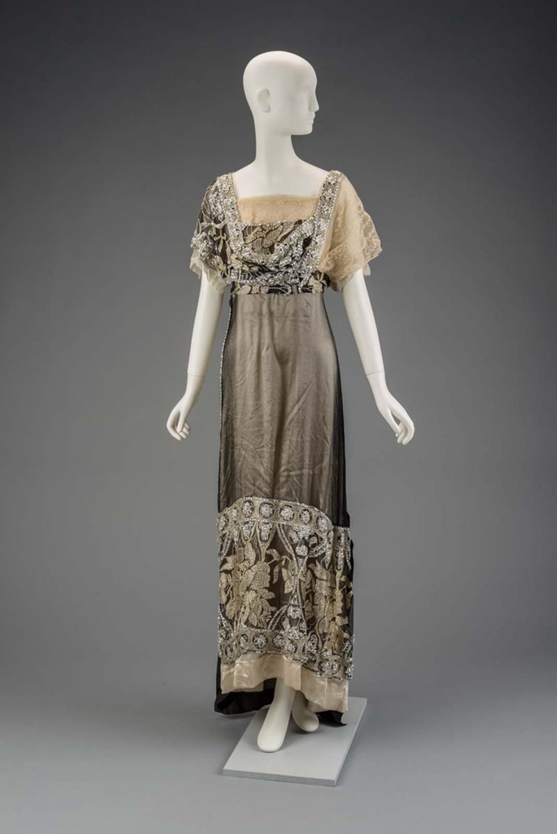 Evening Dress, e.20th c. 'Ivory-colored slip dress with black gauze overlay. Lace trim on bodice and white beading on center front and skirt.' ©️ @mfaboston #FashionHistory