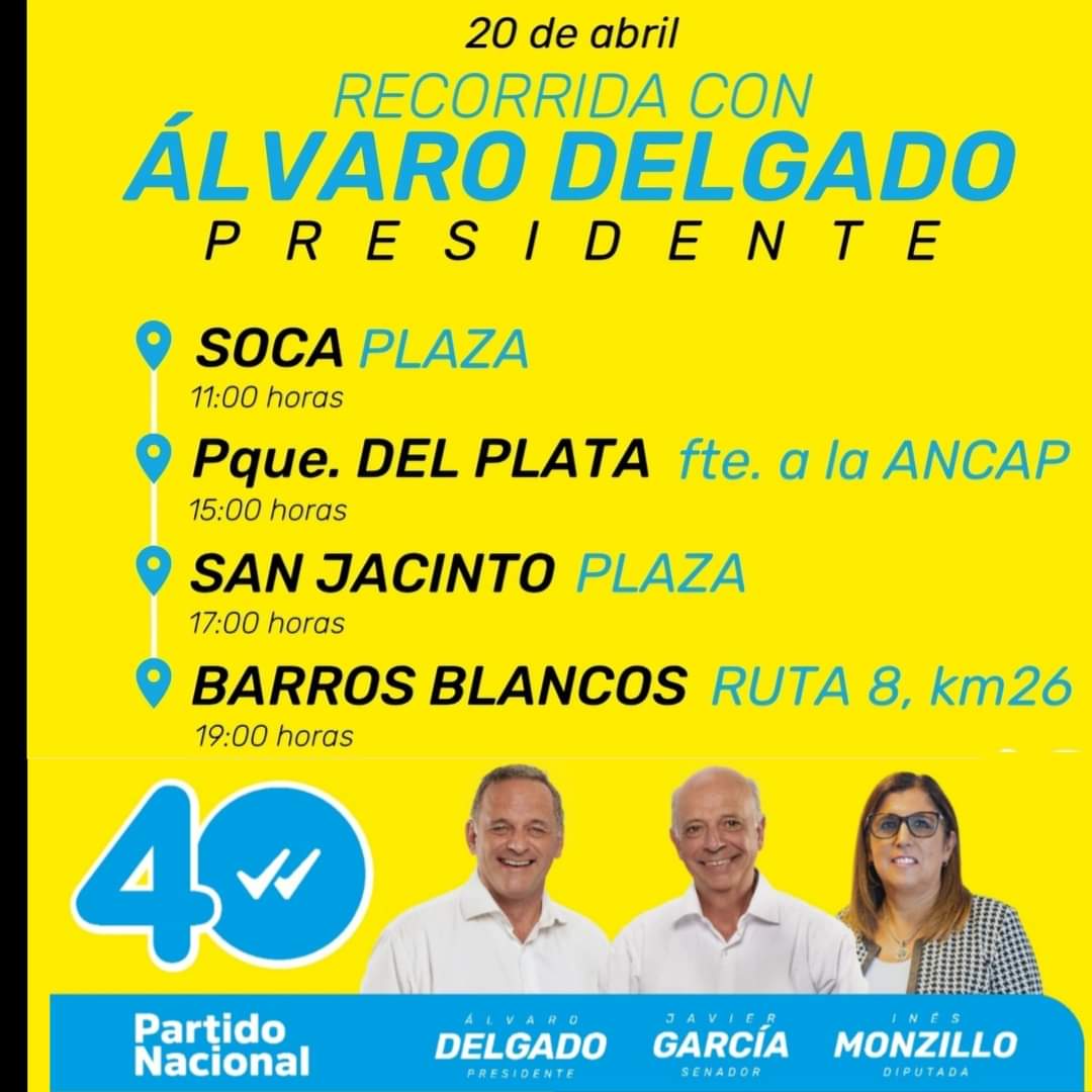 Mañana jornada de recorrida por #Canelones junto a @AlvaroDelgadoUy y @JavierGarcia_Uy 
Los esperamos!!!

#NiUnPasoAtras #UruguayparaAdelante #SigamosCambiando #DelgadoPresidente #Política #PoliticaNacional #AlvaroDelgado
@lista40CanelonesPN