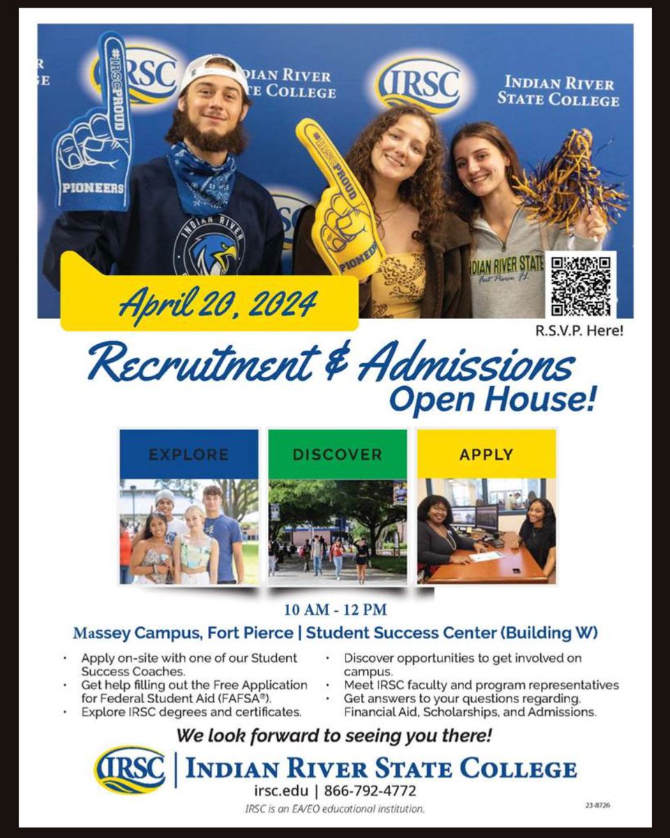 Interested in learning more about IRSC? An Open House is scheduled for tomorrow from 10-12 in Ft. Pierce on the main campus.