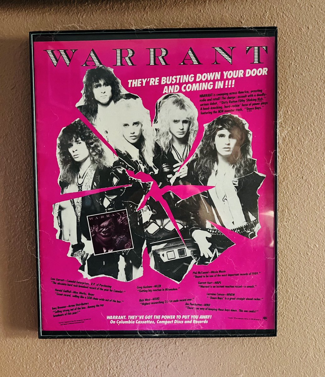 HairMetalGuru's tweet photo. Framed shit in my house... 1989 vintage ad for the #dirtyrottenfilthystinkingrich album from #Warrant. #hairmetal #janilane https://t.co/M889av7xOd