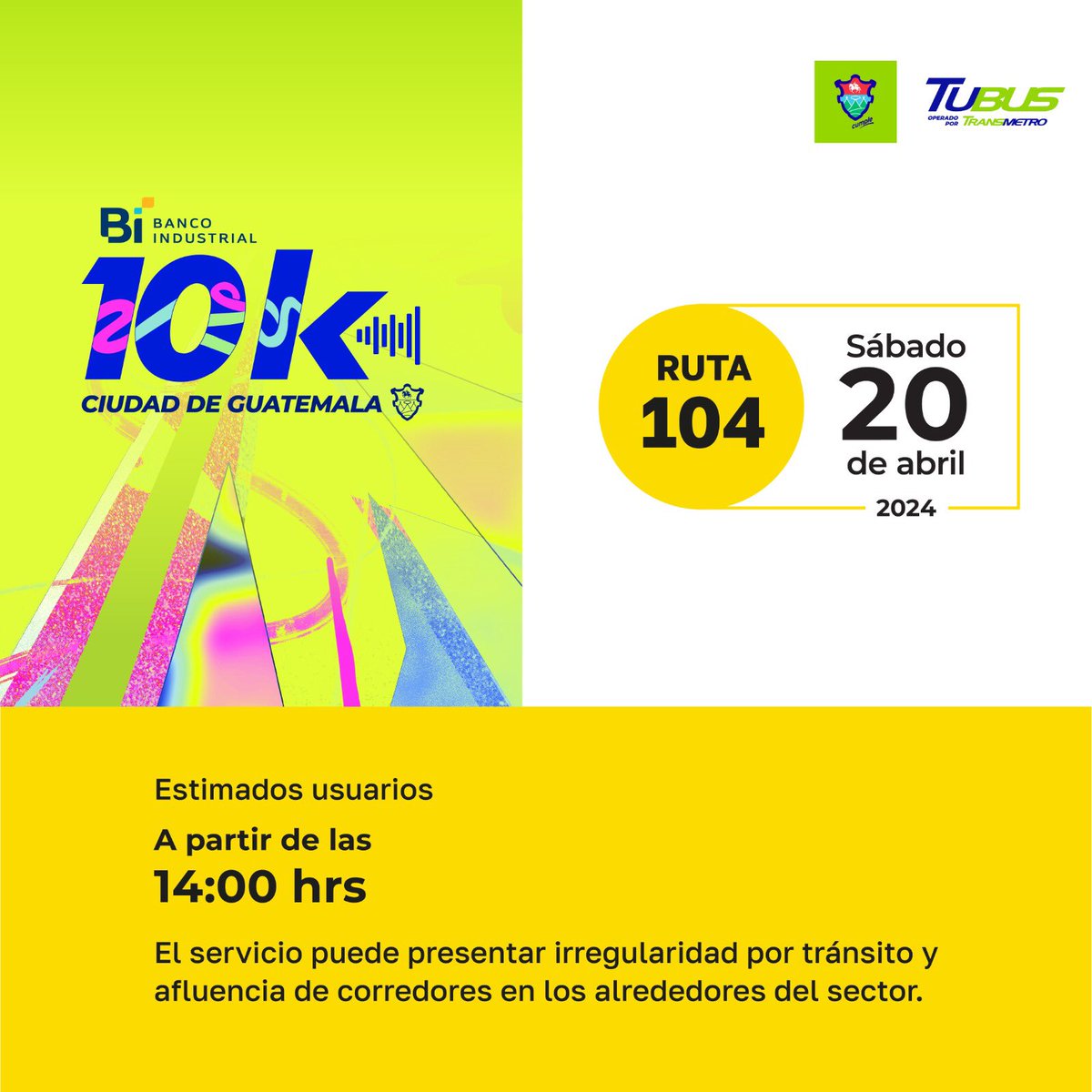 🏁🏃¡Nos vamos a correr la #10KMuniGuate! Te compartimos el horario del servicio para que planifiques tus actividades.🏃🏻‍♀️🏃🏻🏅 #MeVoyEnTuBus