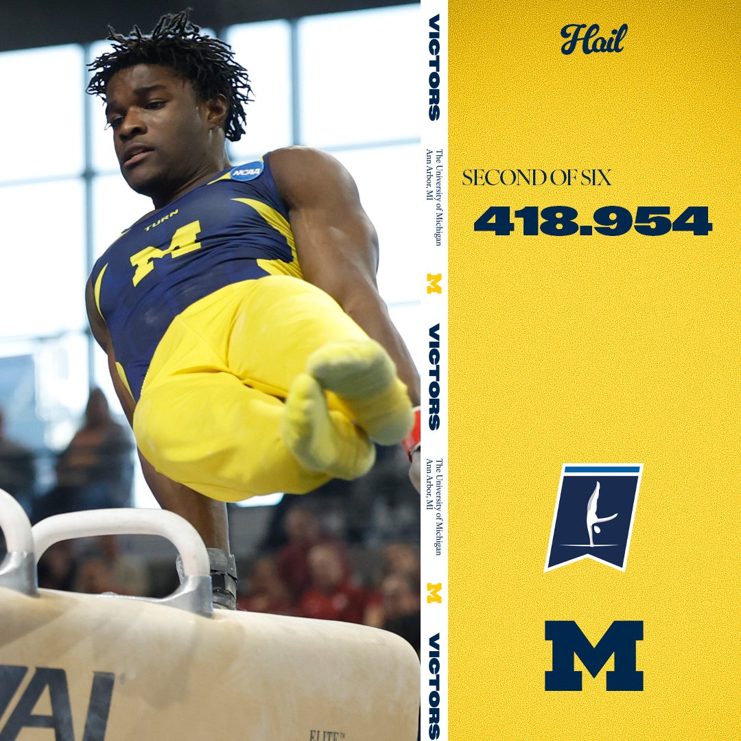 UMichGym's tweet photo. 𝙈𝙊𝙑𝙄𝙉𝙂 𝙊𝙉    

With a team score of 418.954, we place second in session II and will be the third-seeded team heading into tomorrow's finals.   

 #GoBlue〽️ https://t.co/aRfdFpirhX