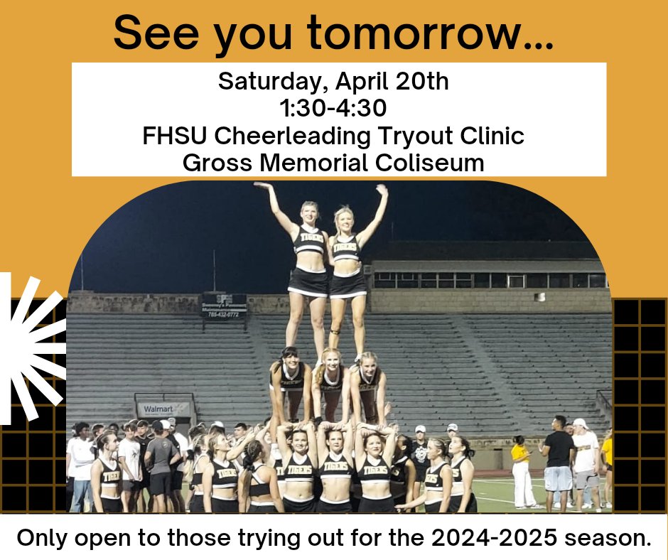FHSUCheer's tweet photo. Get prepared for your tryout this year at FHSU! Join us tomorrow at 1:30p.m. to learn your tryout material. #joinus #fhsucheer #rtmf #collegiatecheer #tryoutseason https://t.co/ZRHiYLz1eX