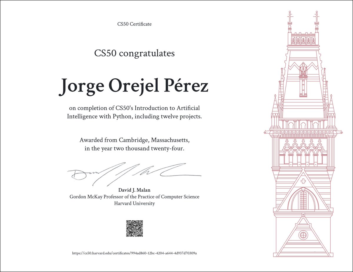 😃Acabo de recibir mi certificado de Introducción a la Inteligencia  Artificial CS50 por Harvard University. Estoy lleno de alegría y gratitud  por esta experiencia transformadora. ¡El primer paso hacia un futuro  emocionante y lleno de posibilidades! 💡🚀 #AI #CS50 #Harvard