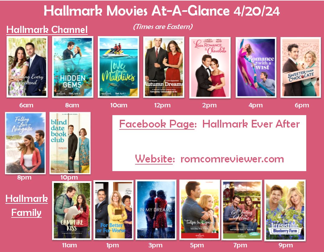 Here are the posters for all the movies playing today (4/20) on #HallmarkChannel and #HallmarkFamily.  

#Hallmarkies #Sleuthers #SpringIntoLove #HallmarkMovies #HallmarkSchedule