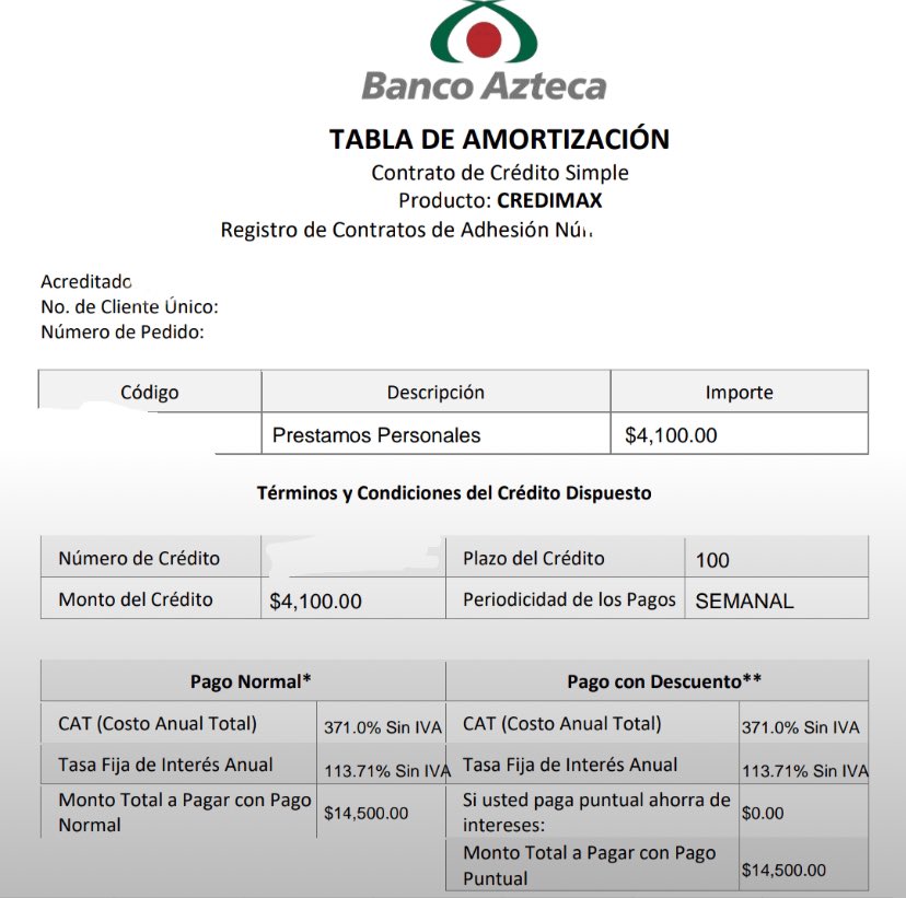 IcE_MaNmX's tweet photo. Que mierda de servicios bancarios! 🤬

Un préstamo de 4,100 pesos con un CAT (costo anual total) de 371% 🥴

Neta se pasan de verdura! Abusan de la necesidad de las personas. Que también tienen su parte de culpa en estos casos.

Pero eso no justifica la usura! 🤬🤬🤬 https://t.co/tbFOUZsB3k