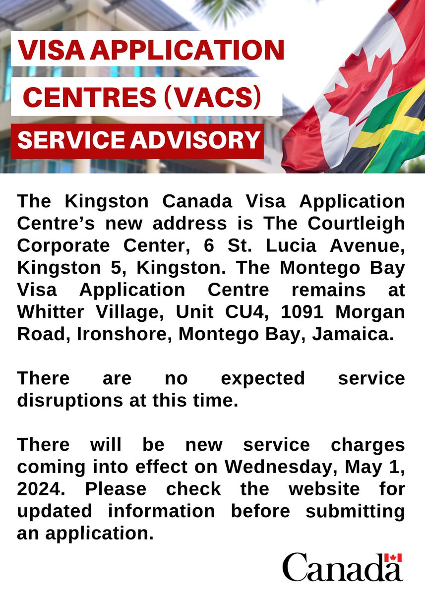 📢IMPORTANT UPDATE   The Visa Application Centre in Kingston has relocated to the Courtleigh Corporate Center, 6 St. Lucia Avenue, Kingston 5. Kindly note that the Montego Bay VAC remains operational at Whitter Village, Unit CU4, 1091 Morgan Road, Ironshore, Montego Bay. 1/2