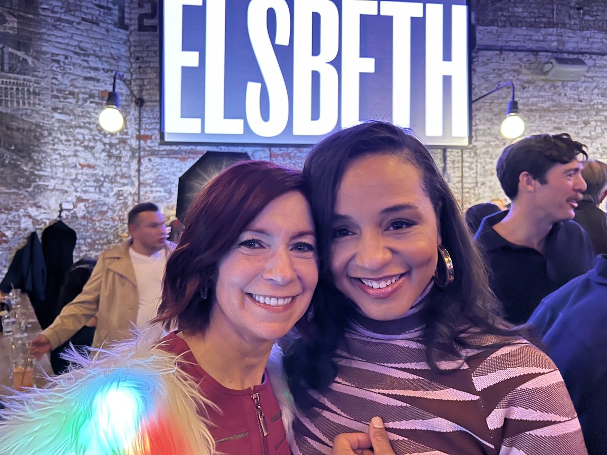 Elsbeth wrap party. Carrie wore a fake fur with Christmas lights in it. Of course she did.
