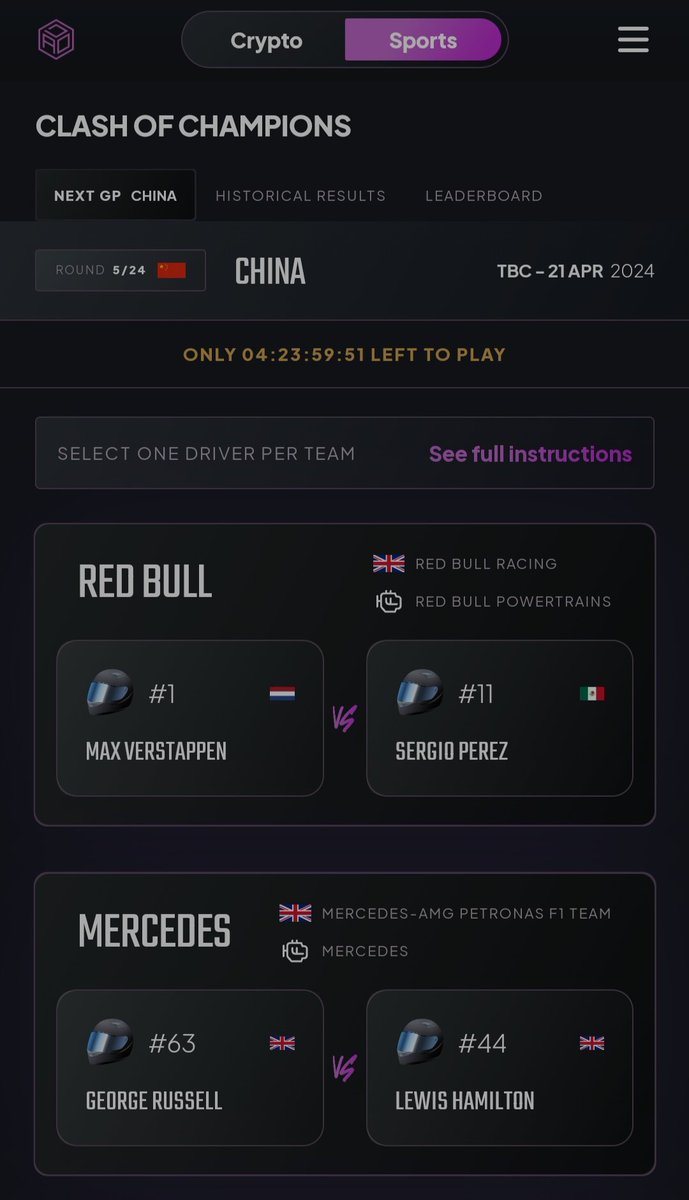 GM fam,

Get ready for the #ChinaGP warm-up with the sprint race 🔥

Make your picks for free ✅

Earn #Crypto 🤑

How to play? 
Get a #Metamask wallet & Choose a drive per team to finish the GP ahead of his team mate!

@DefiAllOddsEth