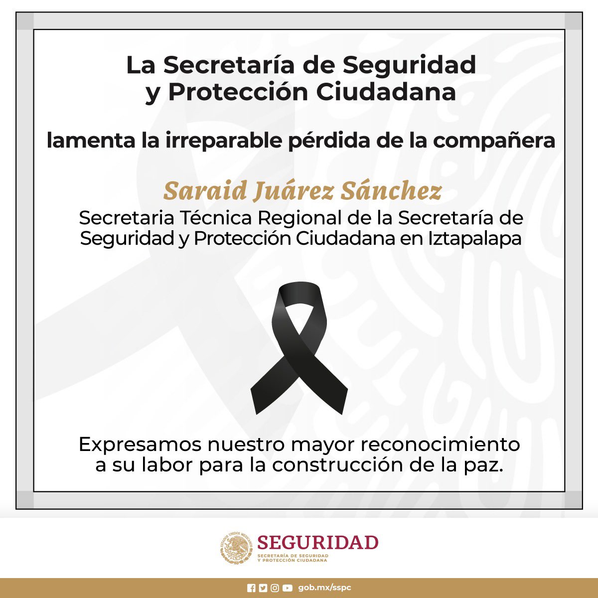 La #SSPC lamenta el sensible fallecimiento de la compañera Saraid Juárez Sánchez, secretaria Técnica Regional en @Alc_Iztapalapa. Descanse en paz 🕊