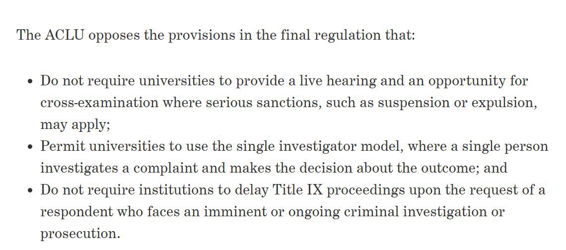 JenniferSey's tweet photo. Todays rewrite of Title IX doesn’t just ignore the fact that women exist and replace “women” with “gender identity” — essentially erasing women as a category with legal rights in the education system … it also: 

*compels speech depriving students of their 1st Amendment rights 

*removes due process for those accused of sexual assault or harassment, depriving the accused of their 5th Amendment rights 

Even the @ACLU didn’t approve of the due process removal 

It’s a travesty. A total shit show. I still can’t believe it. But I’m ready to fight. And vote accordingly.