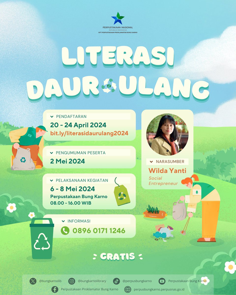 Pendaftaran Literasi Daur Ulang resmi dibuka nih, Sob🤗
Sobat Pustaka bisa mendaftar lewat tautan berikut ya!: bit.ly/literasidaurul…
#perpusbungkarno #literasi #inklusisosial #perpusnas #perpustakaan #daurulang #sampah