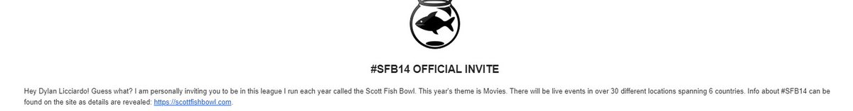 DylanLNFL's tweet photo. Super excited to be taking part in Scott Fish Bowl 14! I will be participating in one of the live drafts in July cannot wait! #SFB14 https://t.co/i2UIOgAVwF