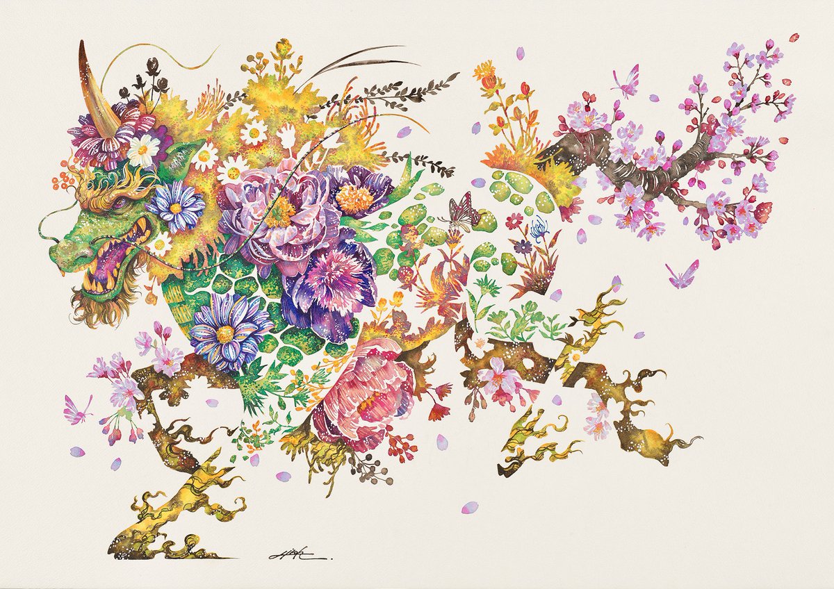 「春の麒麟#水彩 #麒麟 #花 」|タケダヒロキのイラスト