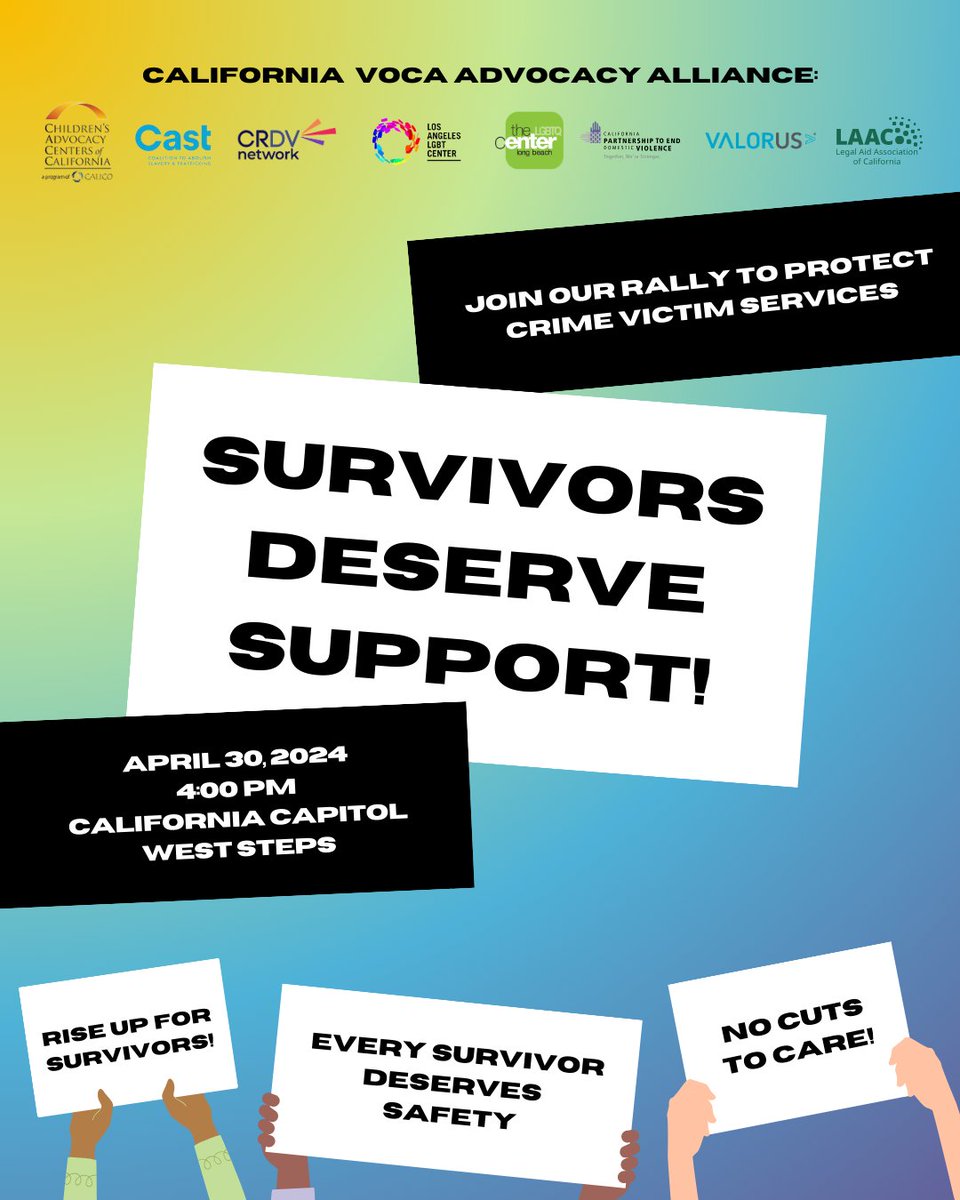 Services that support survivors of child abuse, elder abuse, human trafficking, domestic violence, & sexual assault are being cut unless @GavinNewsom and #CALeg step in. Join us at this rally to support survivors, stop these cuts, and provide stability for crime victim services.