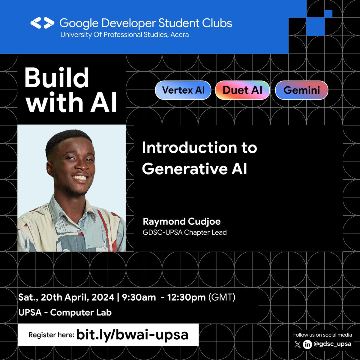 Sharing the power of Generative AI at Build with AI at UPSA today! This technology is changing how we approach content creation, and I'm excited to delve into its possibilities. #GenerativeAI #BuildwithAI #UPSA #developerstudentclubs