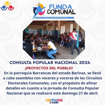 En la parroquia Barrancas del estado #Barinas, se llevó a cabo asamblea con voceros y voceras de los Circuitos Electorales Comunales, para afinar detalles en cuanto a la jornada de Consulta Popular Nacional. #GloriaAlBravoPueblo #ComunaONada @NicolasMaduro @guyvernaez