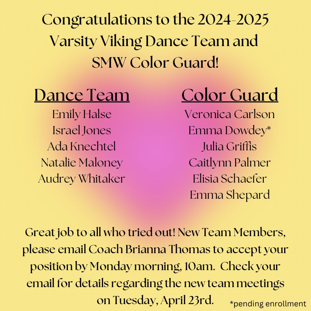 Congratulations to the 2024-2025 Viking Dance Team and SMW Color Guard! We are so excited for the year ahead 💛
