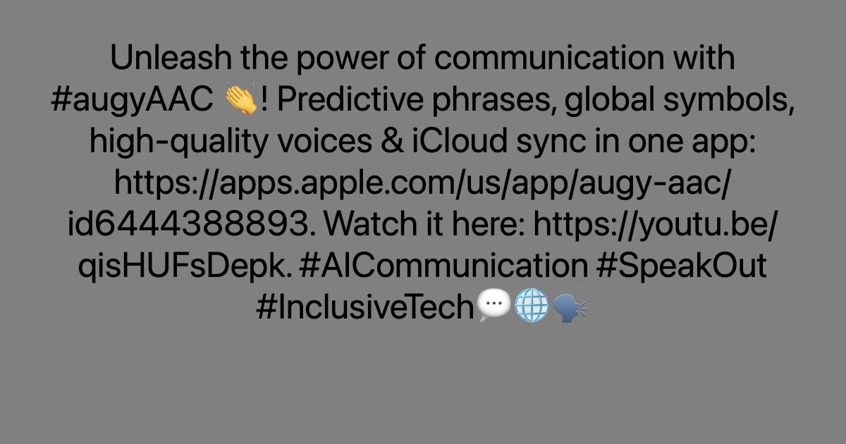 Unleash the power of communication with #augyAAC 👏! Predictive phrases, global symbols, high-quality voices & iCloud sync in one app: ayr.app/l/VeEE. Watch it here: ayr.app/l/8b7R. #AICommunication #SpeakOut #InclusiveTech💬🌐🗣️