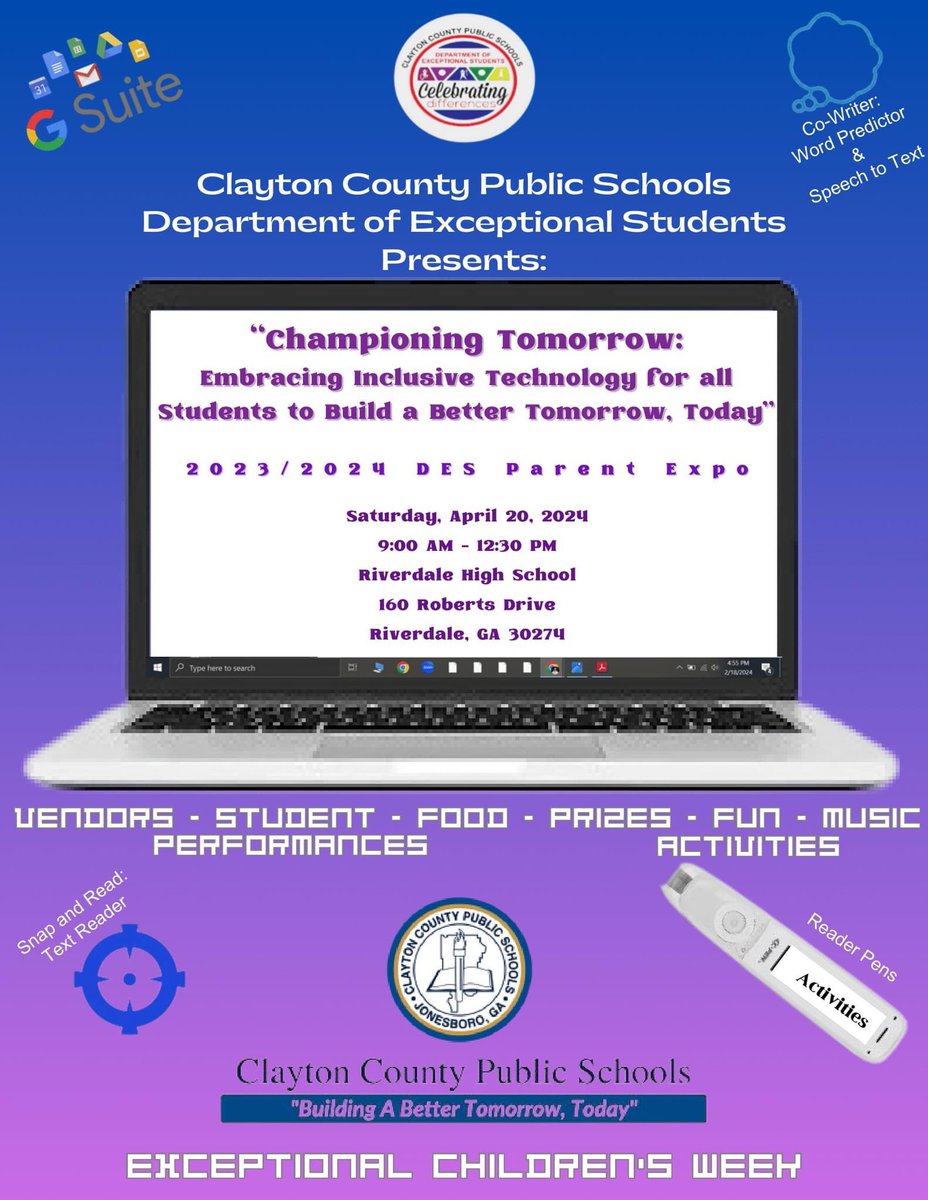 The day is here. Our culminating event for Exceptional Children’s Week is our DES Parent Expo. We will start tomorrow at 9AM at Riverdale High School! See you there!!
#exceptionalchildrensweek #SpecialEducation <a href="/CCPSNews/">Clayton County Public Schools</a>
