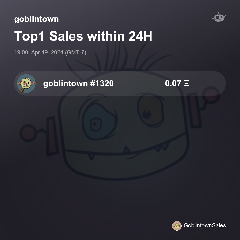 goblintown Top1 Sales within 24H [ 19:00, Apr 19, 2024 (GMT-7) ] #Goblin #Goblintownwtf