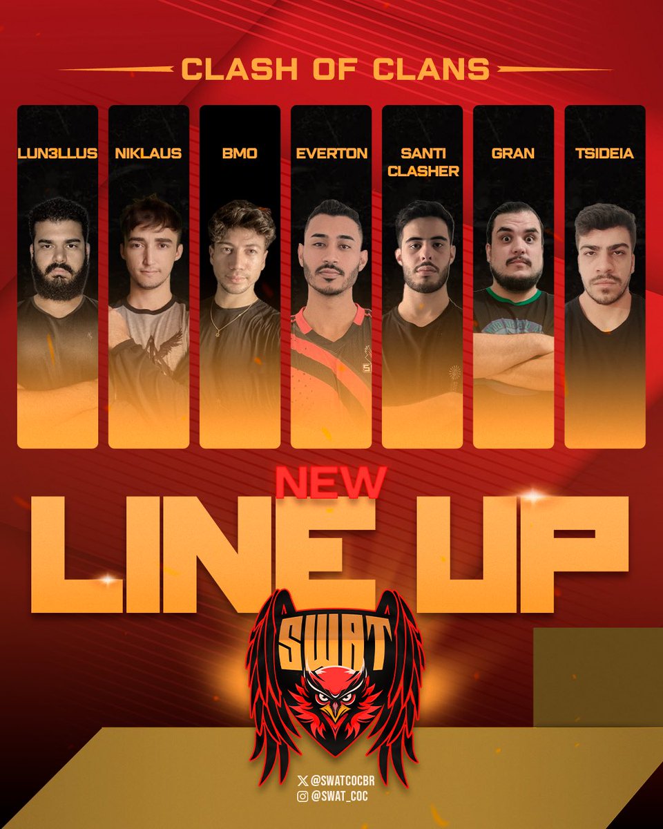 SWAT (@swatcocbr) on Twitter photo É com muito prazer que gostaria de anunciar nossa nova Line🦅👊🏽!
Desejo a todos sucesso e boa sorte!🚀
Vamos sempre por mais!
Players:
<a href="/LuN3lluS/">LuN3lluS</a>
<a href="/NIKLAUS_COC/">SWT NIK</a>
<a href="/BMMOOOO/">BMO</a>
<a href="/Everton_VCO/">Everton Coutinho</a> - Manager and Captain
<a href="/santiclasher/">Santiclasher</a>
<a href="/lucasgran13/">Lucas Moreira</a>
<a href="/Tsideia1/">Tsideia</a>
#GOSWAT🚀🇧🇷 É com muito prazer que gostaria de anunciar nossa nova Line🦅👊🏽!
Desejo a todos sucesso e boa sorte!🚀
Vamos sempre por mais!
Players:
<a href="/LuN3lluS/">LuN3lluS</a>
<a href="/NIKLAUS_COC/">SWT NIK</a>
<a href="/BMMOOOO/">BMO</a>
<a href="/Everton_VCO/">Everton Coutinho</a> - Manager and Captain
<a href="/santiclasher/">Santiclasher</a>
<a href="/lucasgran13/">Lucas Moreira</a>
<a href="/Tsideia1/">Tsideia</a>
#GOSWAT🚀🇧🇷
