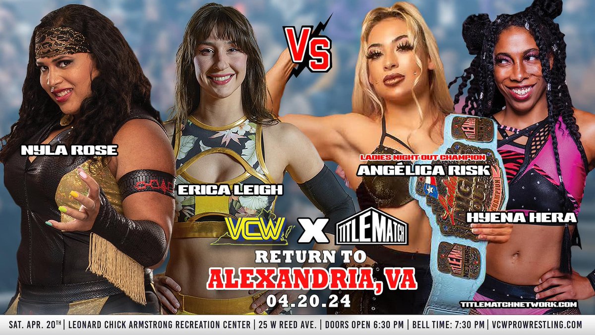 In tag team action, @NylaRoseBeast & @EricaWrestles face @angelica_risk & @HyenaHera in Alexandria Saturday dmvprowrestling.com/p/saturday-vcw…