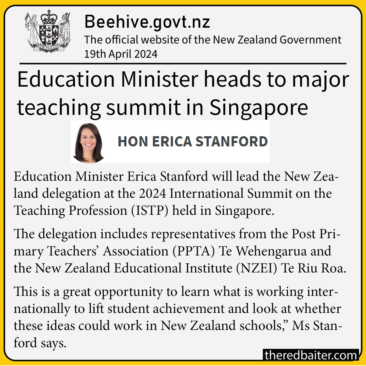 NZ used to be top of the table in education. Today it does not even make it into the top twenty. Singapore leads the field today and Education Minister Erica Stanford is off there to learn how it is done. She is taking a delegation of bureaucrats and union officials from the NZ